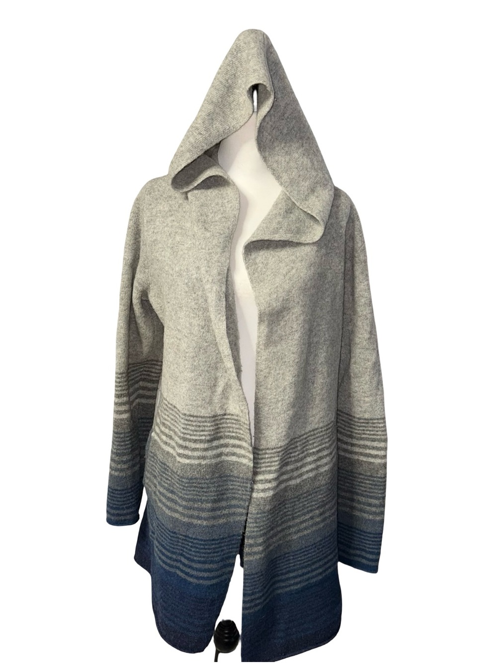 Toad&Co Merino Heartfelt Hoodie Open Front Knit Sweater Cardigan Gray/Blue Large